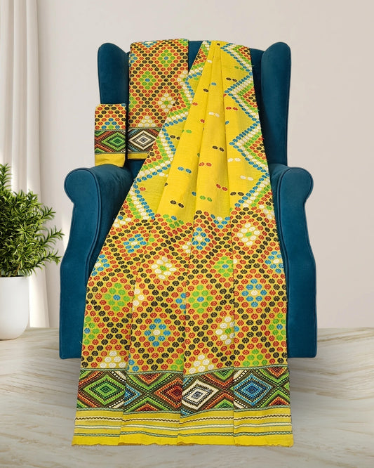 Yellow padmini cotton Mising mekhela sador - DMC motif work
