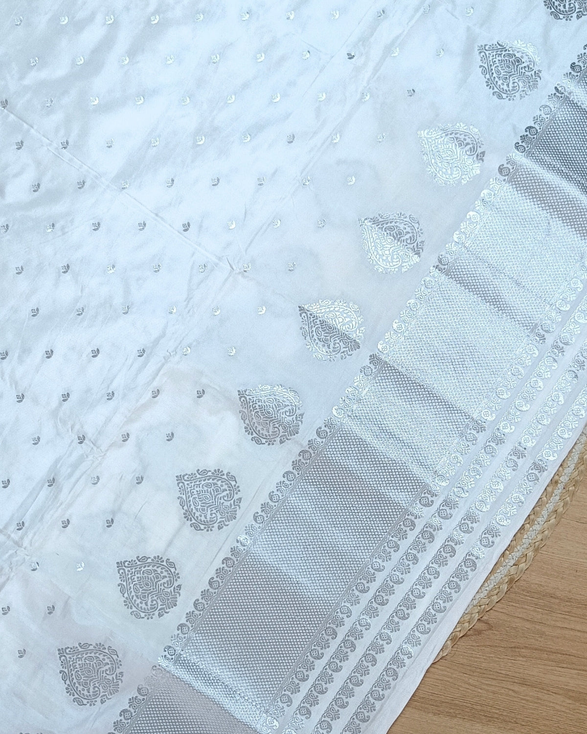Semi paat mekhela sador with Silver zari work - Pure white