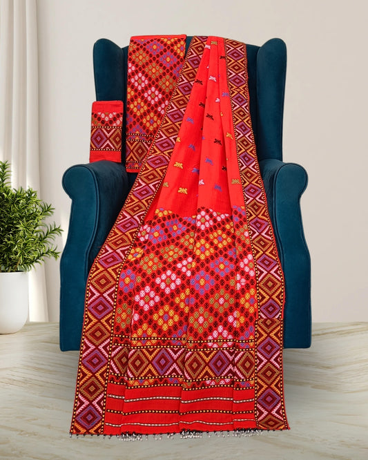 Orange padmini cotton Mising mekhela sador - DMC motif work