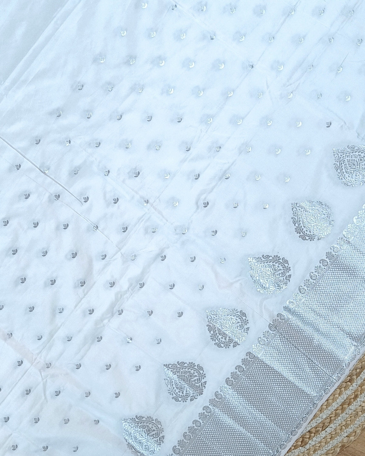 Semi paat mekhela sador with Silver zari work - Pure white