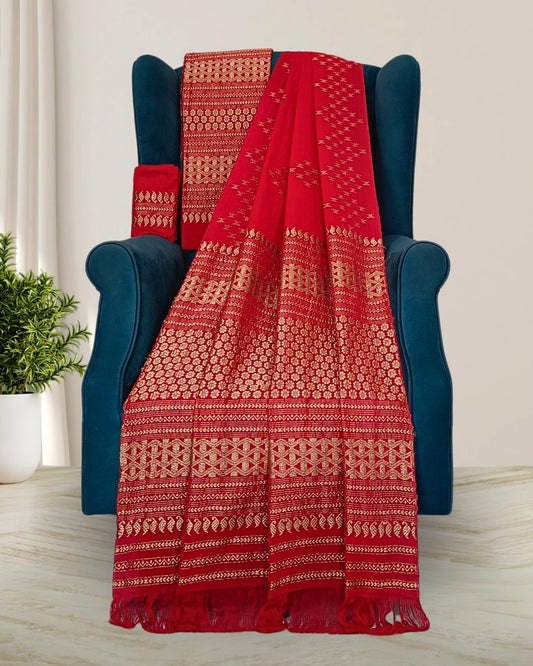 Red padmini cotton mekhela sador with designer motifs