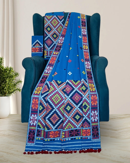Light blue padmini cotton Mising mekhela sador - DMC motif work