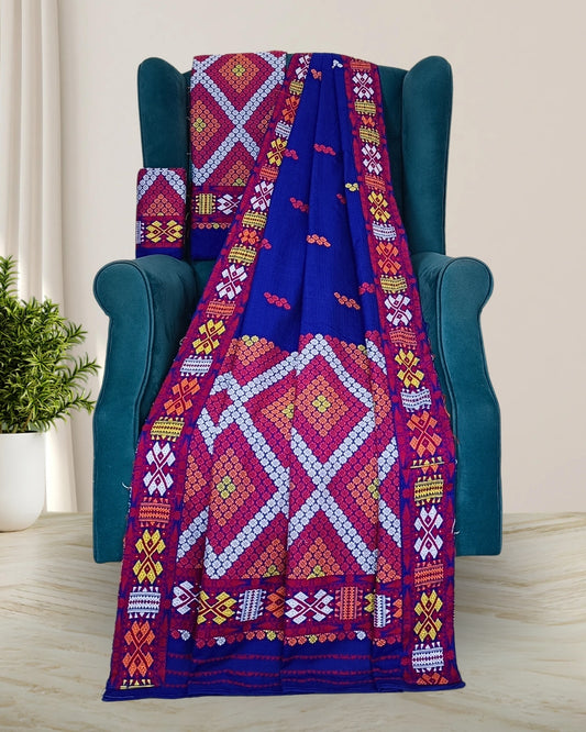 Royal blue padmini cotton Mising mekhela sador - DMC motif work