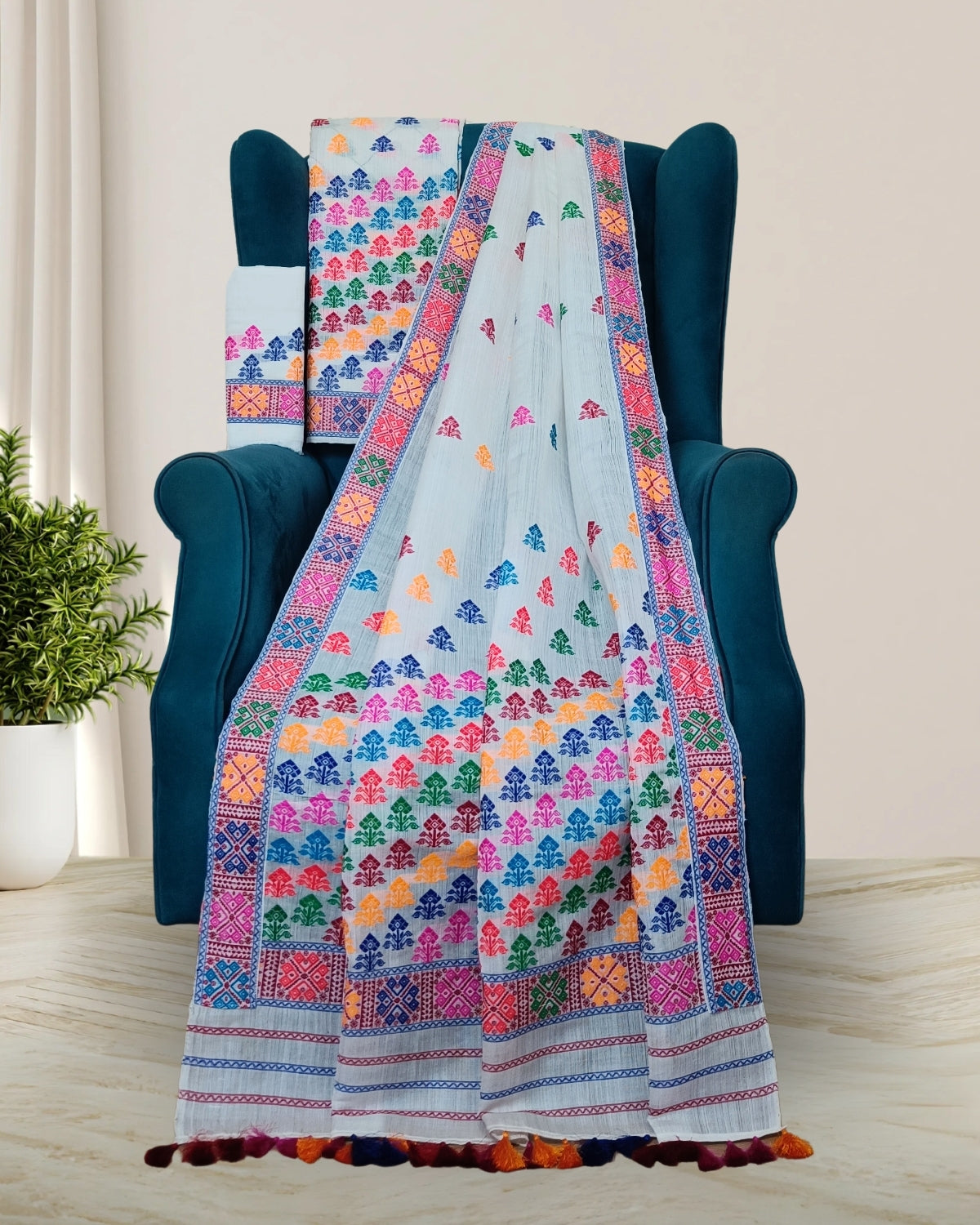 Semi nuni Mising mekhela sador- Pure white
