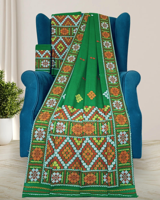 Green padmini cotton Mising mekhela sador - DMC motifs