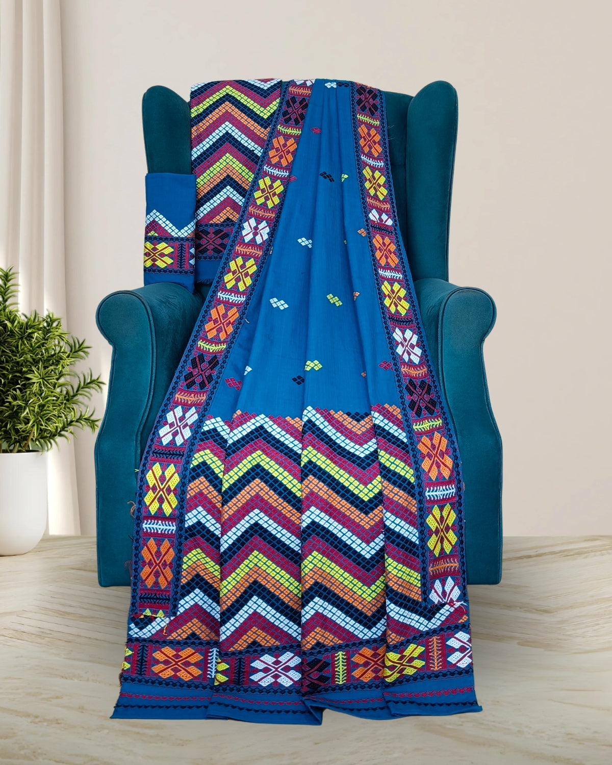 Sky blue padmini cotton Mising mekhela sador- DMC motifs
