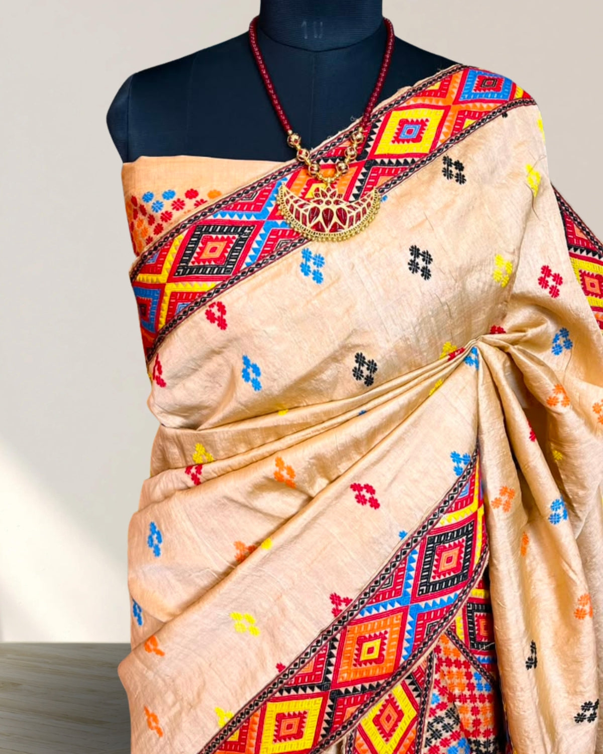 Pure Mising Tussar silk mekhela sador- DMC motifs