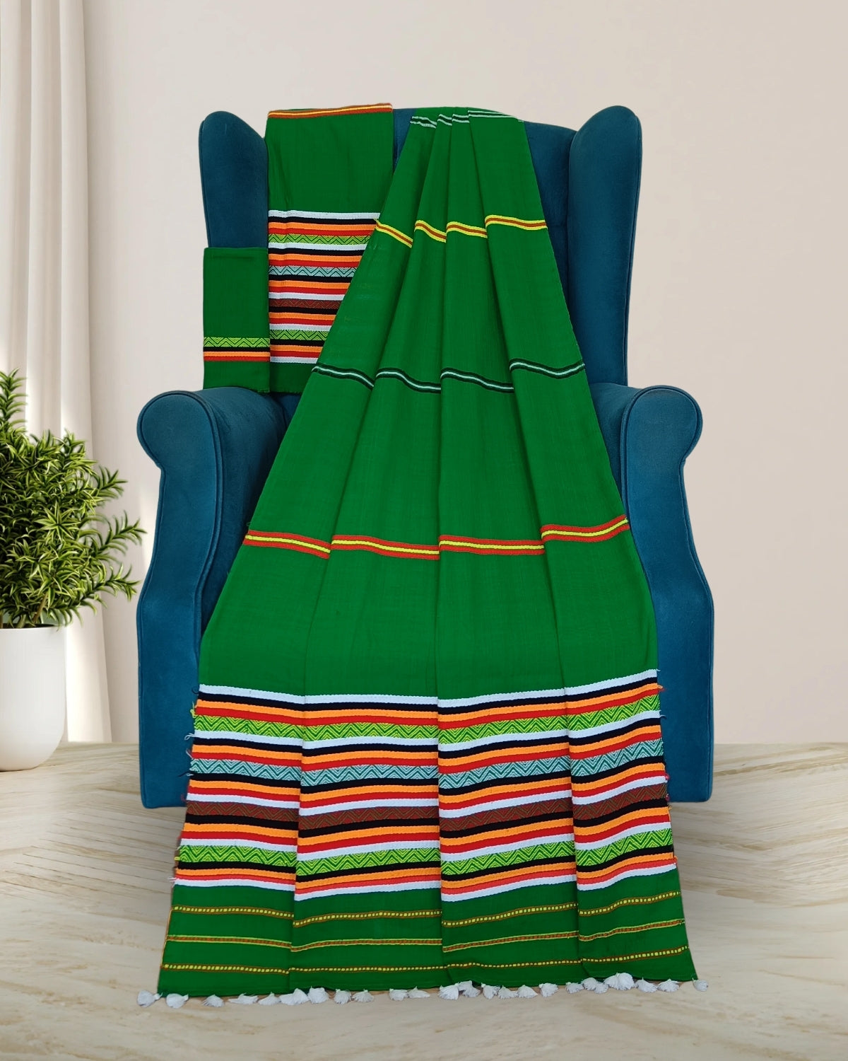 Ribi design Mising mekhela sador -Green