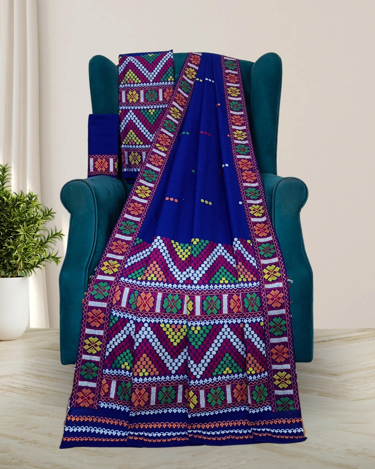 Royal blue padmini cotton Mising mekhela sador- DMC motifs