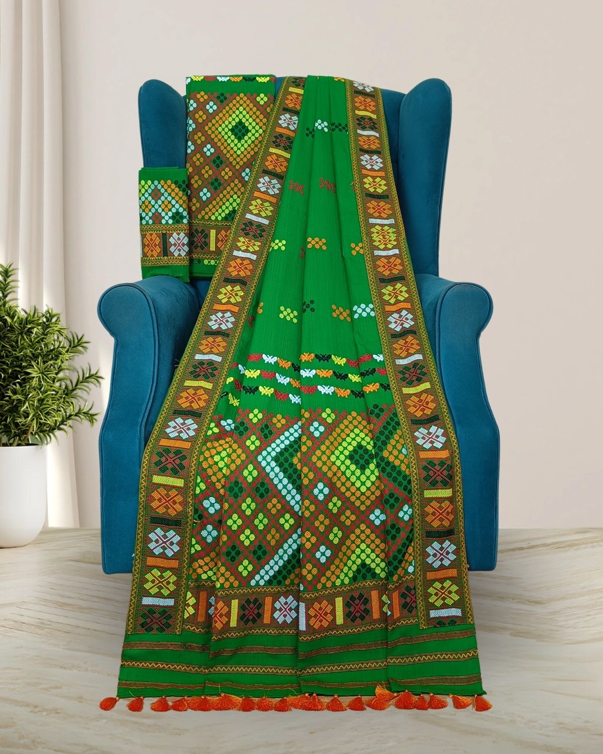 Green padmini cotton Mising mekhela sador - DMC motifs
