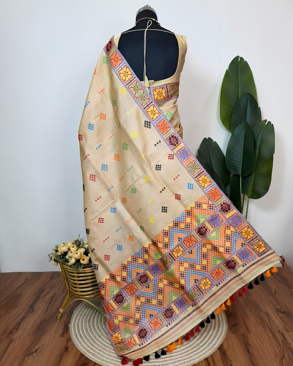 Pure Mising Tussar silk mekhela sador- DMC motifs