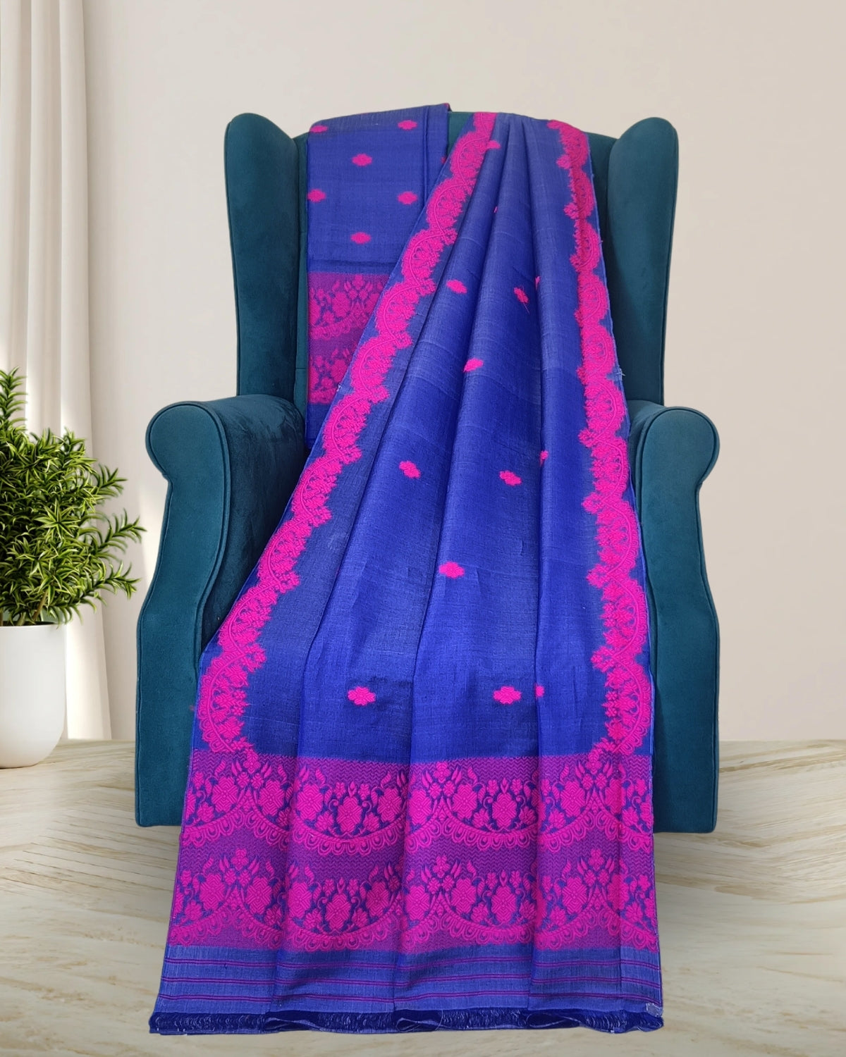 Semi nuni mekhela sador with fix border design - Blue