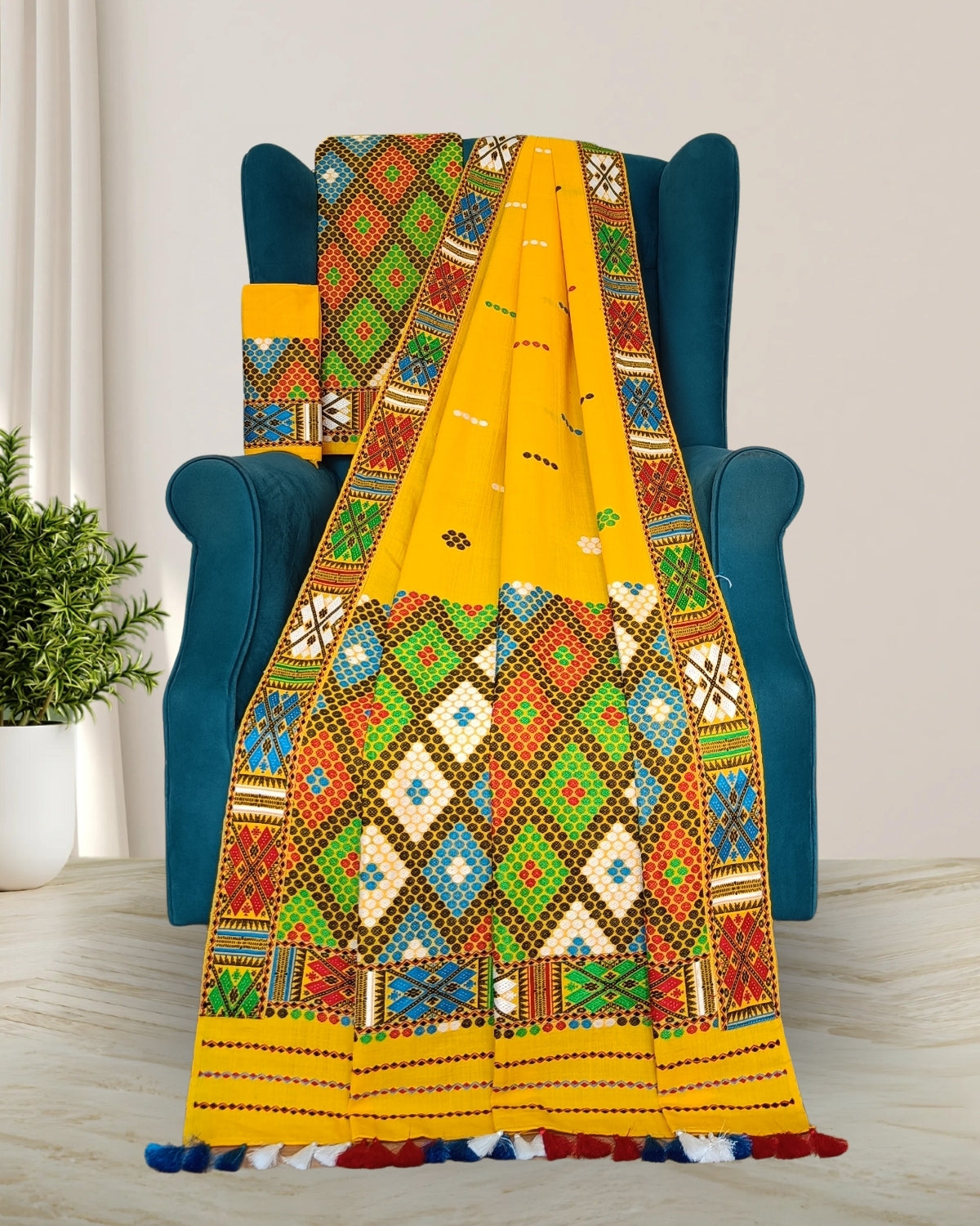 Yellow padmini cotton Mising mekhela sador - DMC motifs