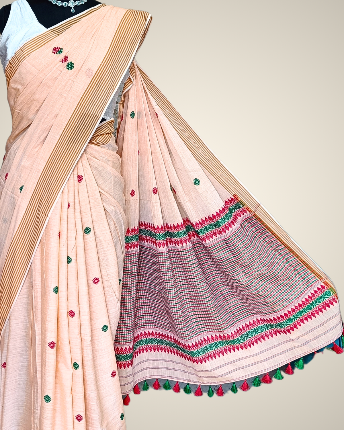 Cream white pure cotton saree with designer motifs