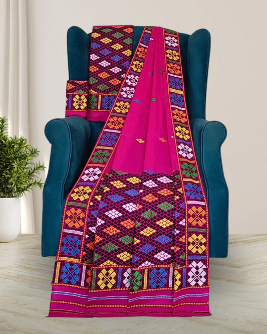 Rani pink Assam paat Mising mekhela sador - DMC motif work
