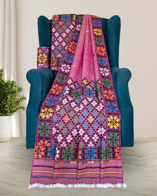 Pink padmini x toss Mising mekhela sador - DMC motif work
