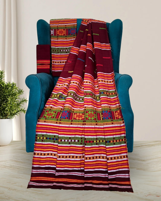 Ribi design Mising mekhela sador -Brown