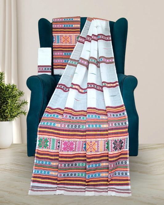 Ribi design Mising mekhela sador -White