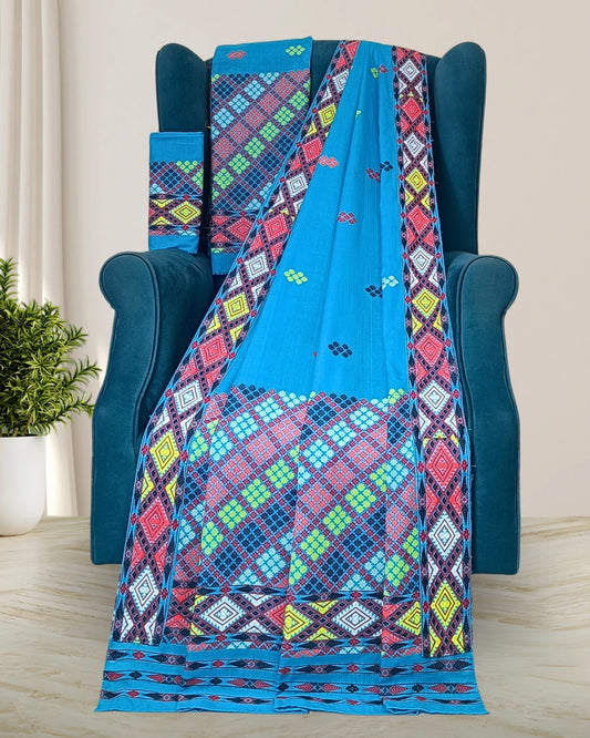 Sky blue padmini cotton Mising mekhela sador