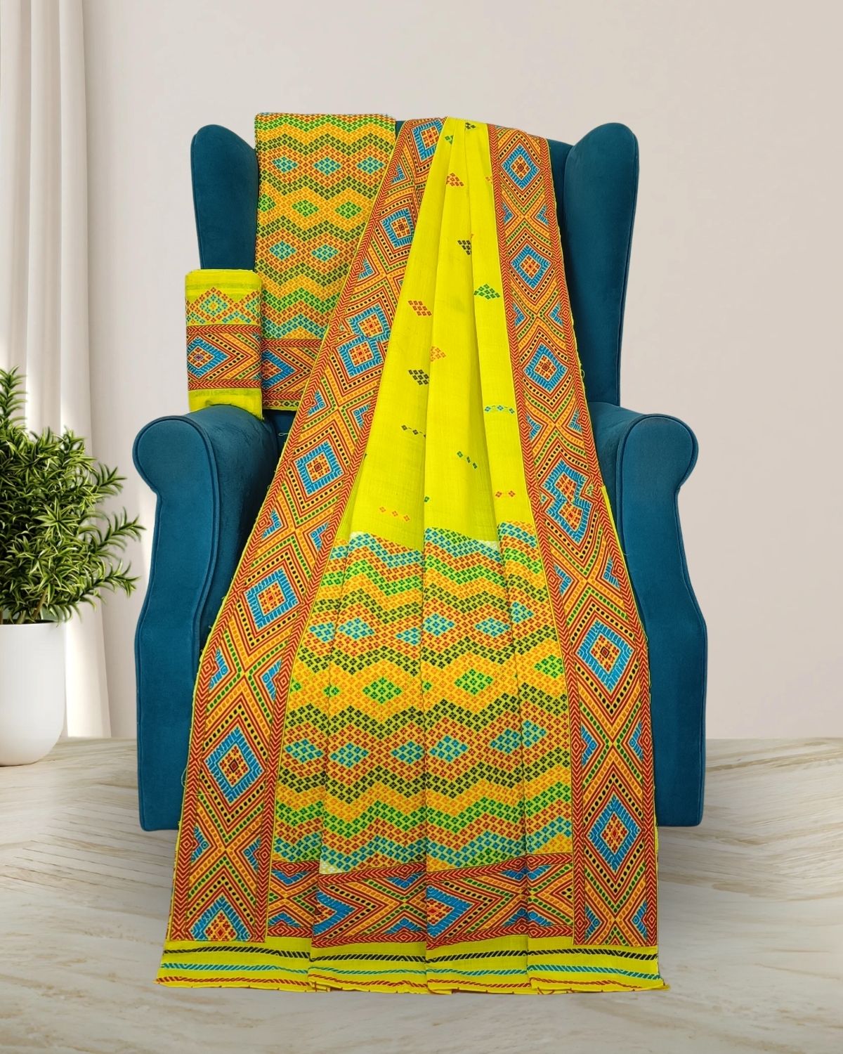 Yellow padmini cotton Mising mekhela sador- DMC motifs