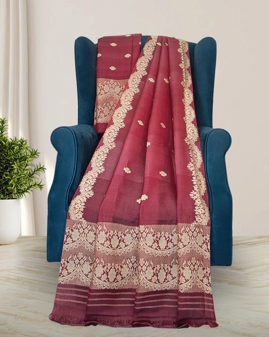 Semi nuni mekhela sador with fix border design - Maroon