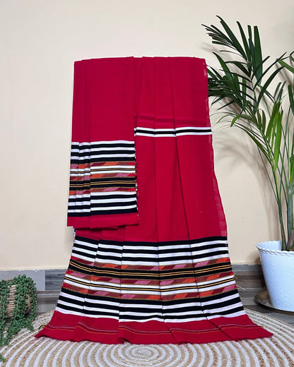 Ribi design Mising mekhela sador -Red