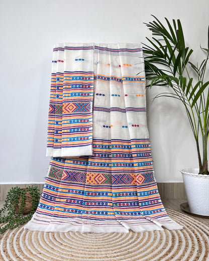 Ribi design Mising mekhela sador - White