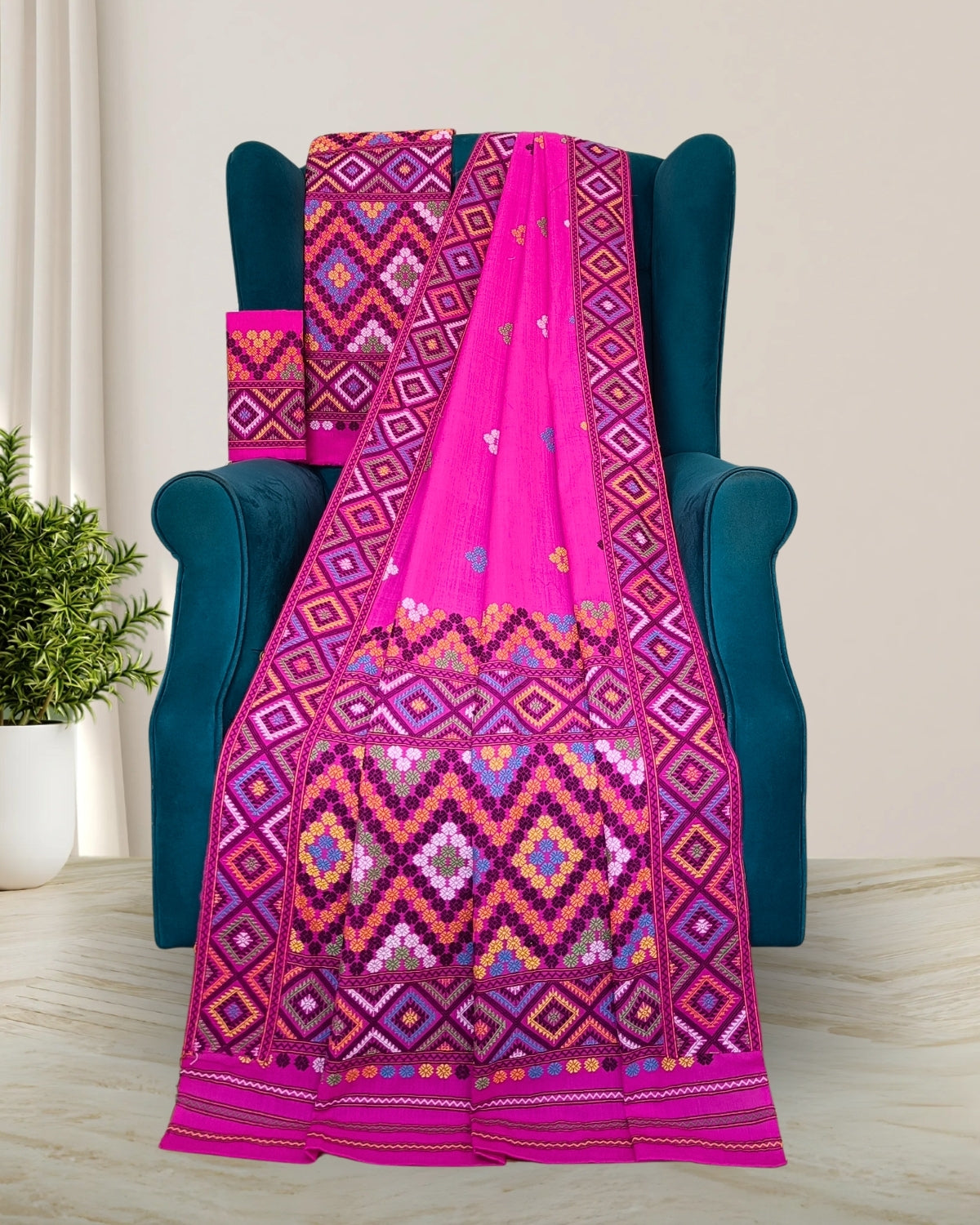 Rani pink padmini cotton Mising mekhela sador - DMC motifs
