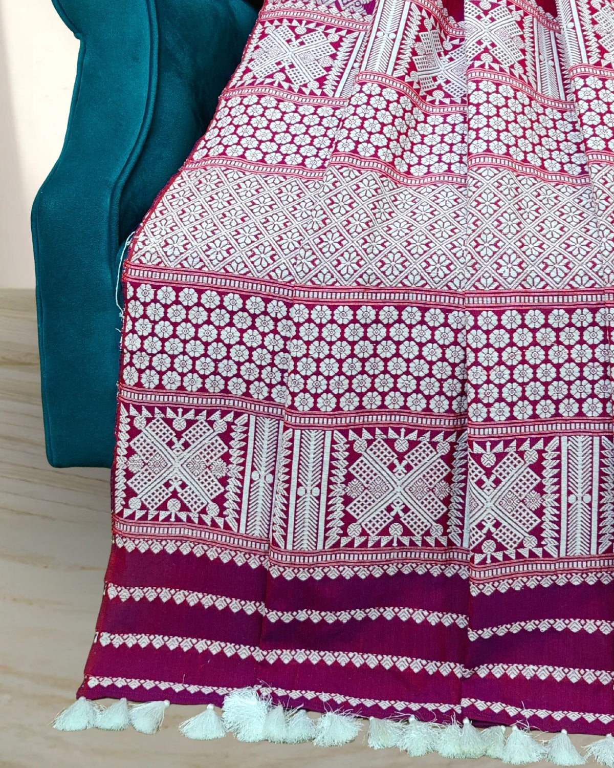 Raspberry pink padmini cotton mekhela sador with designer motifs