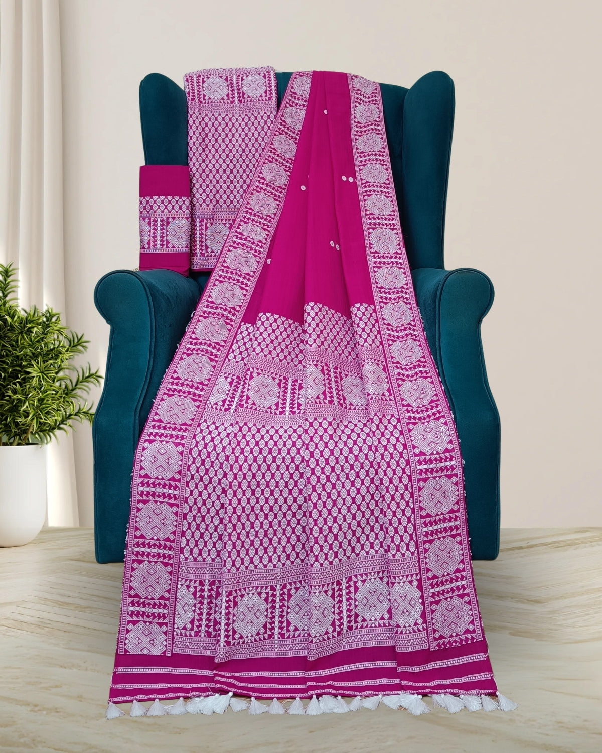 Pink padmini cotton Mising mekhela sador- DMC motifs