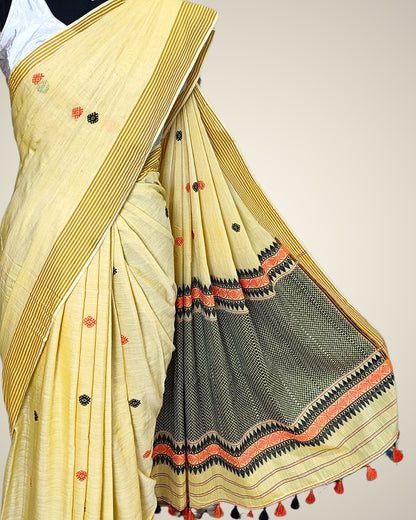 Yellow pure cotton saree with designer motifs