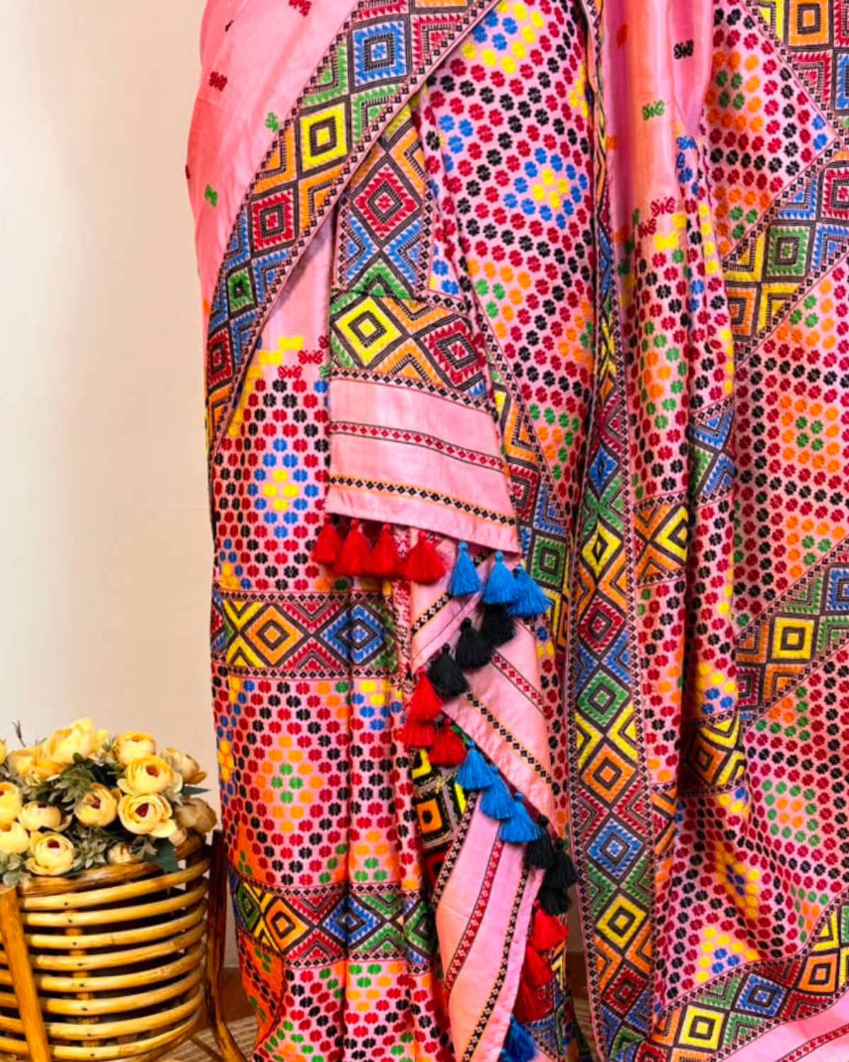 Tussar silk by Assam paat Mising mekhela sador - DMC motifs