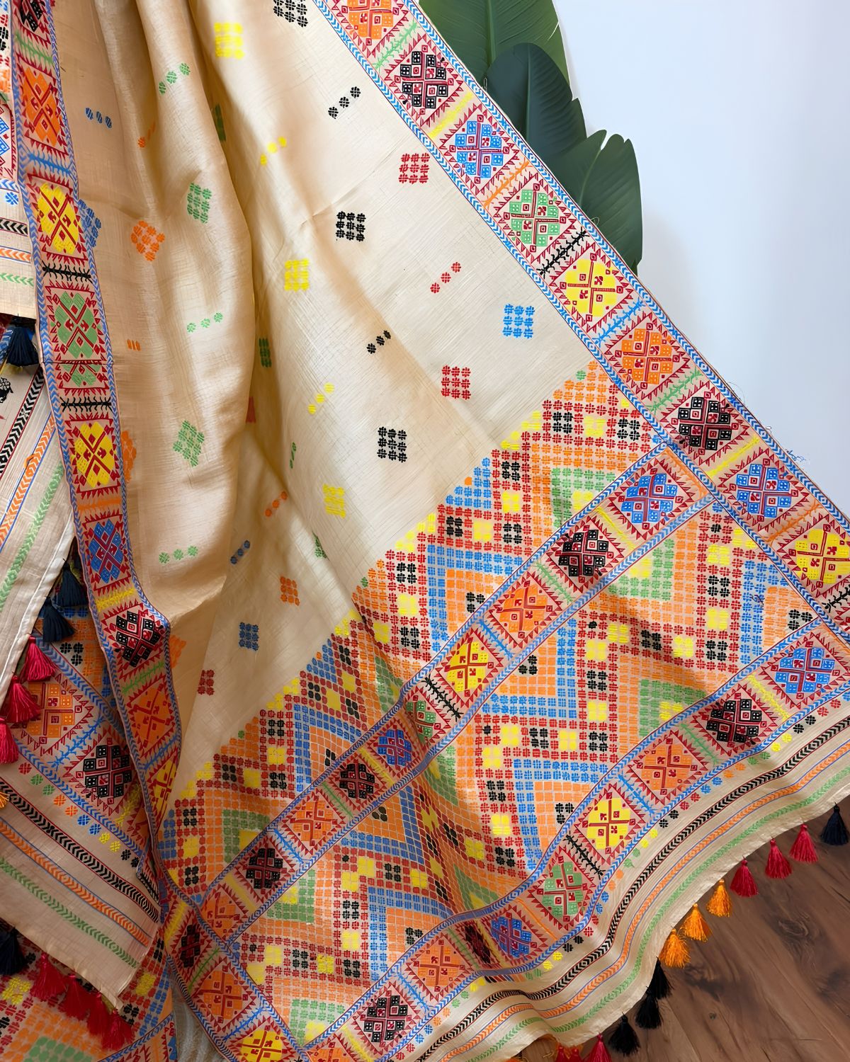 Pure Mising Tussar silk mekhela sador- DMC motifs