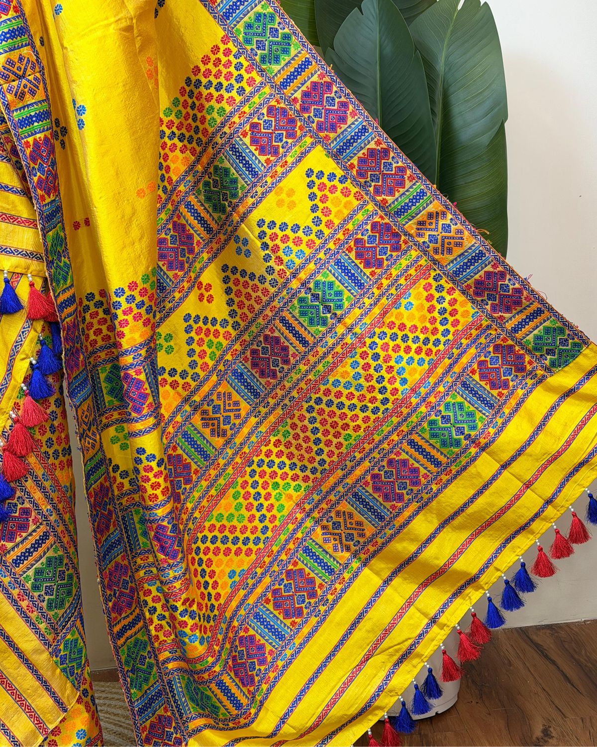 Tussar silk by Assam paat Mising mekhela sador - DMC motifs