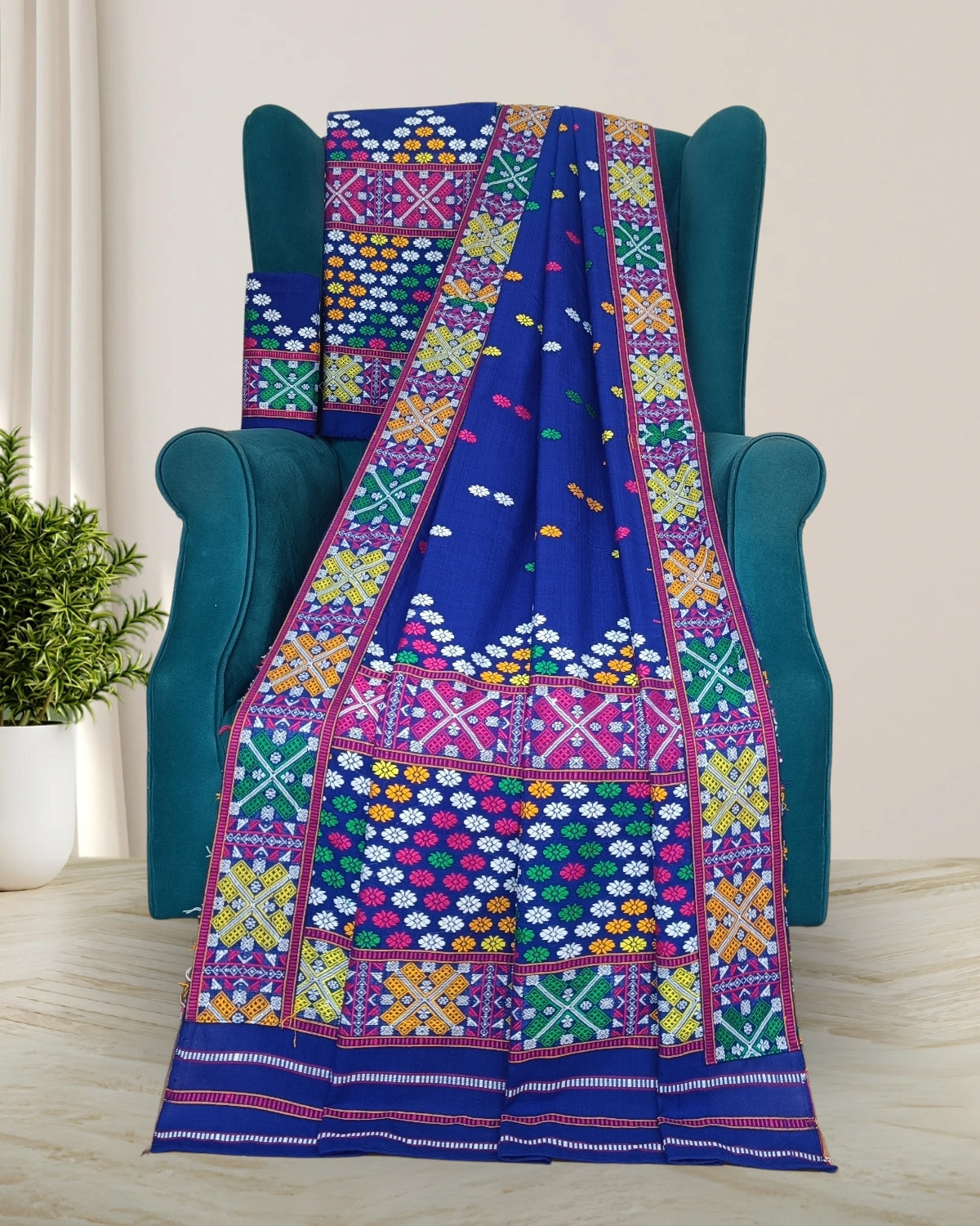 Royal blue padmini cotton Mising mekhela sador- DMC motifs