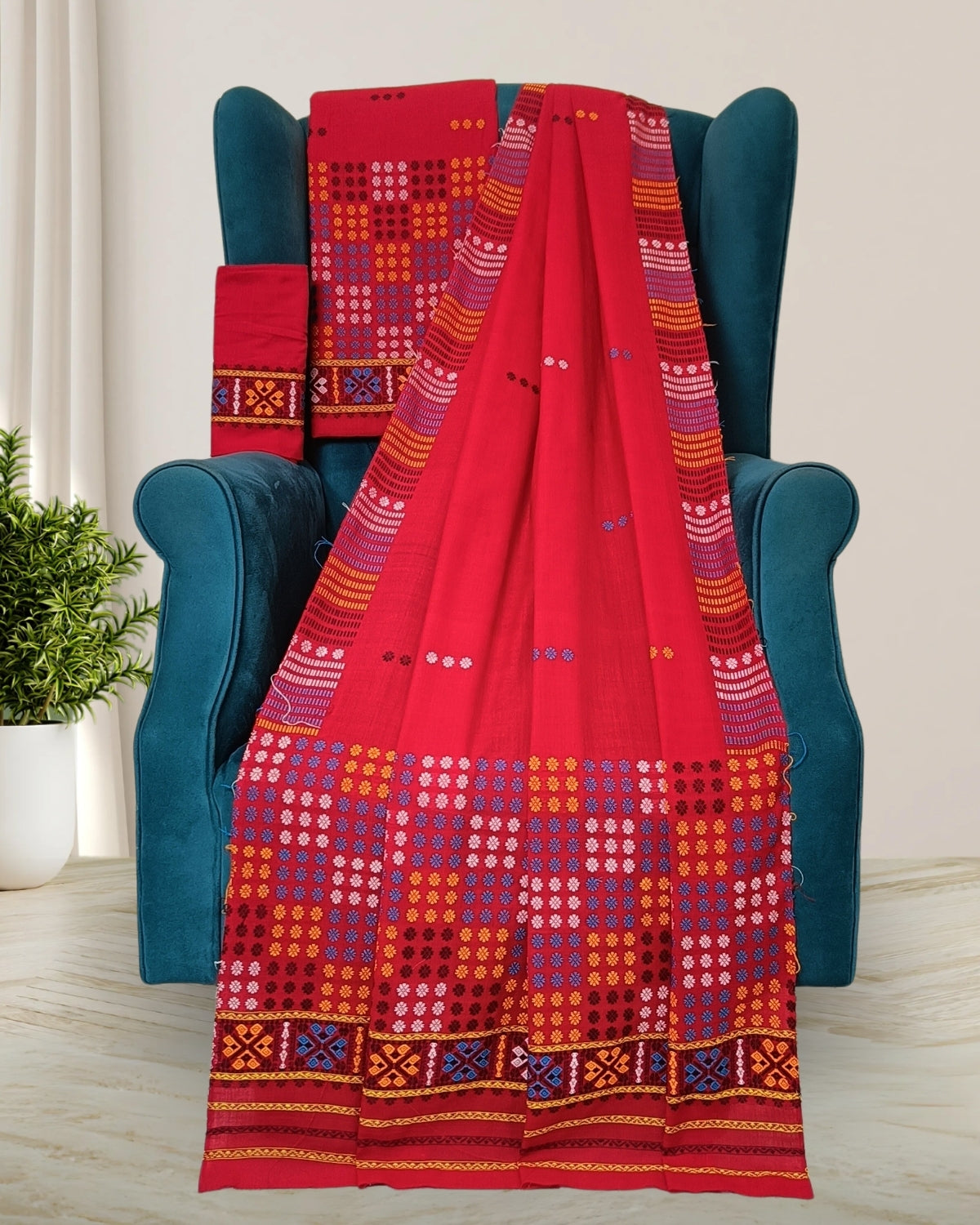 Padmini cotton Mising mekhela sador -Red