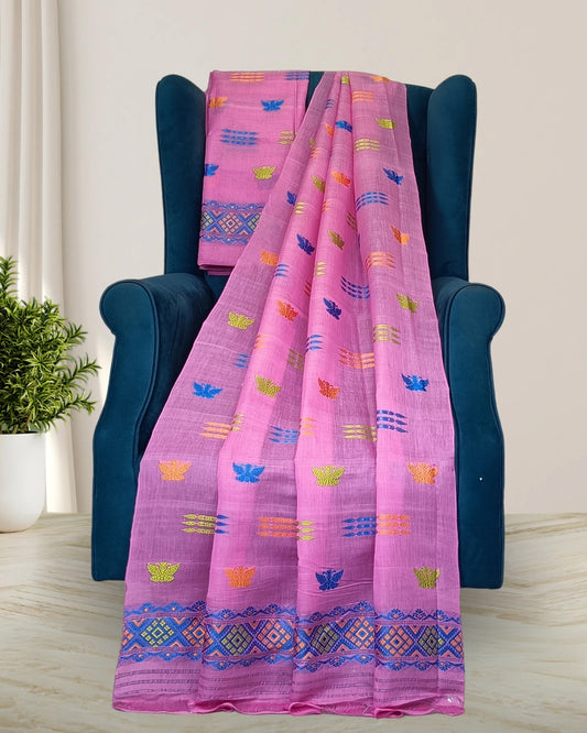 Butterfly design semi nuni mekhela sador - Pink