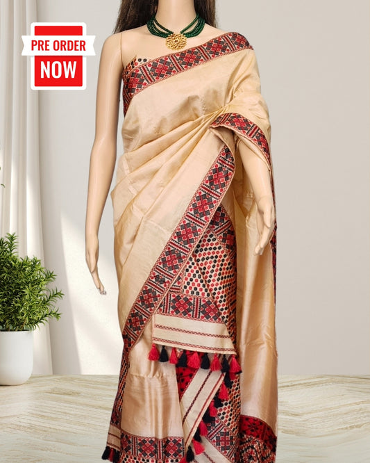 Tussar silk mekhela chadar in Mising tribal design (Pre-order available)