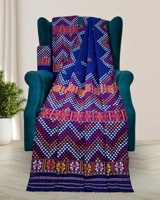 Royal blue padmini cotton Mising mekhela sador - DMC motifs