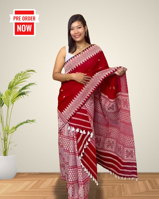 Crimson red padmini cotton mekhela sador with designer motifs