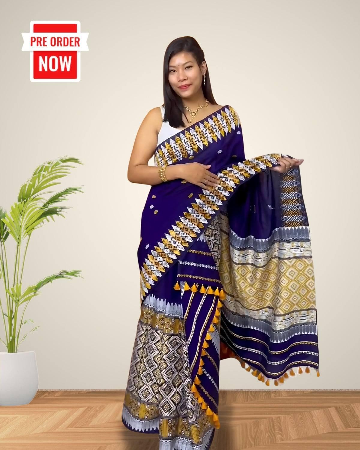 Midnight blue padmini cotton mekhela sador with designer motifs