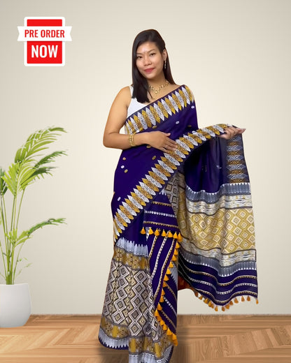 Midnight Blue padmini cotton mekhela chadar with designer motifs