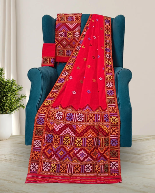 Red padmini coton Mising mekhela sador- DMC motif work