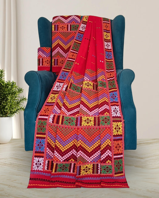 Red padmini coton Mising mekhela sador - DMC motif work