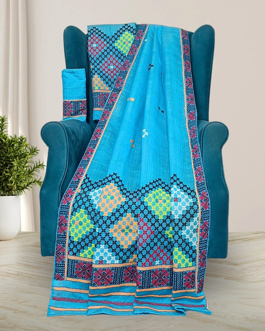 Sky blue semi nuni Mising mekhela sador