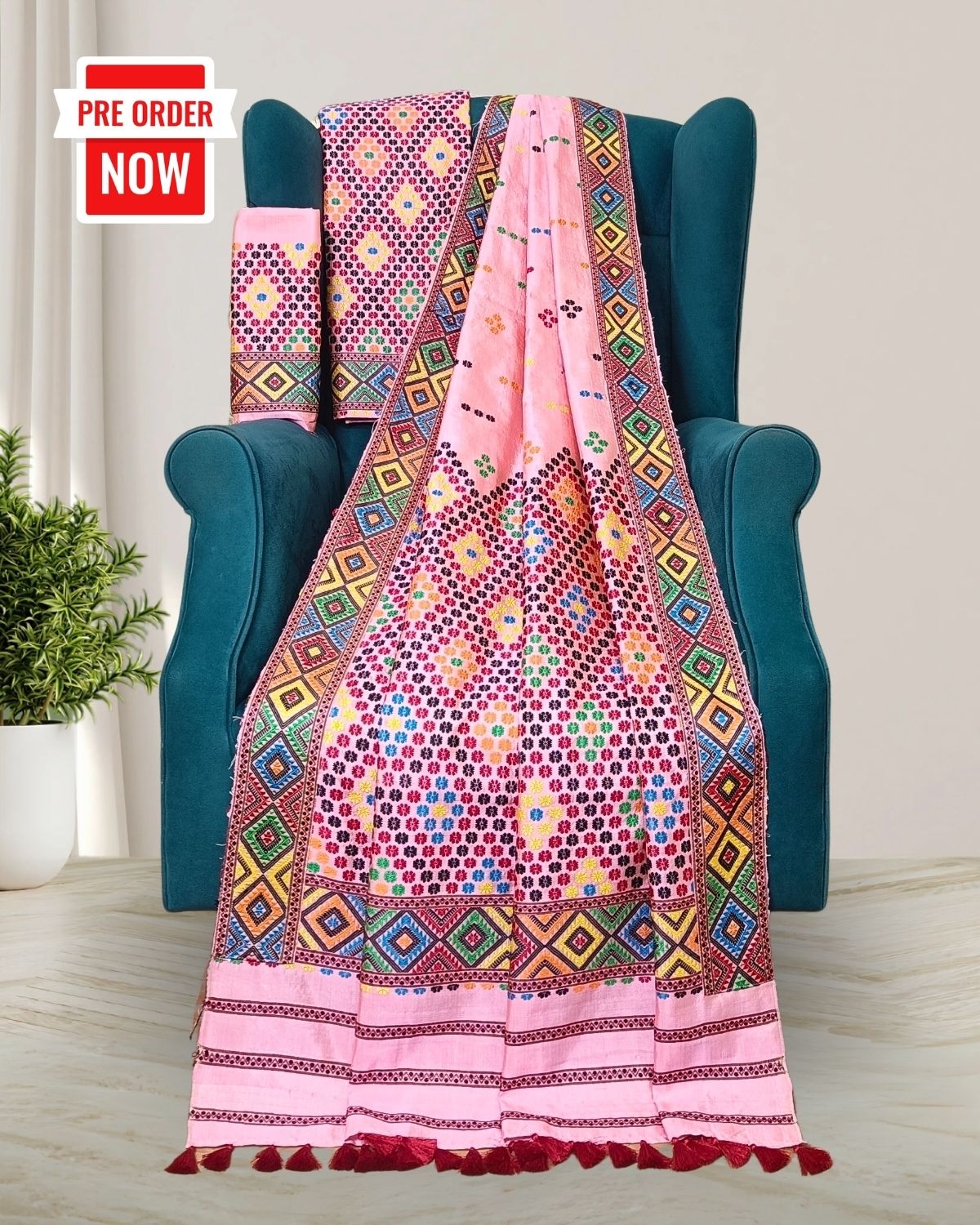 Baby pink Tussar silk by Mulberry silk mekhela sador