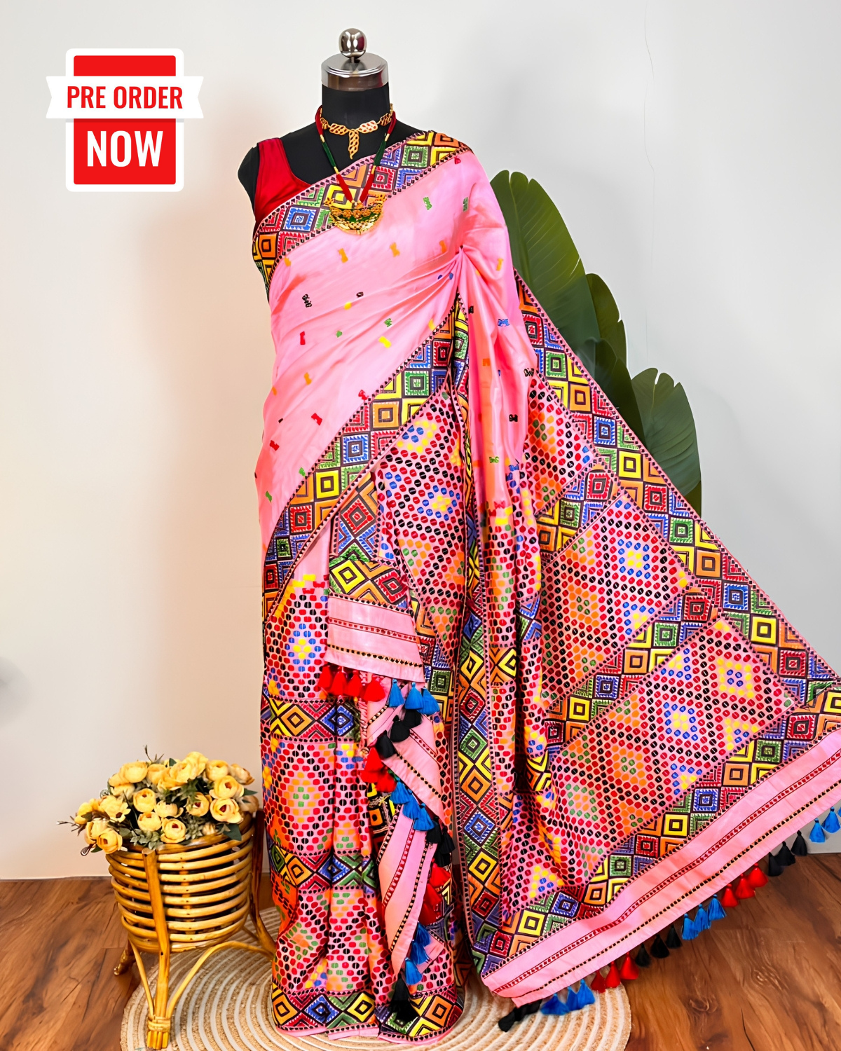 Tussar silk by Assam paat Mising mekhela sador - DMC motifs