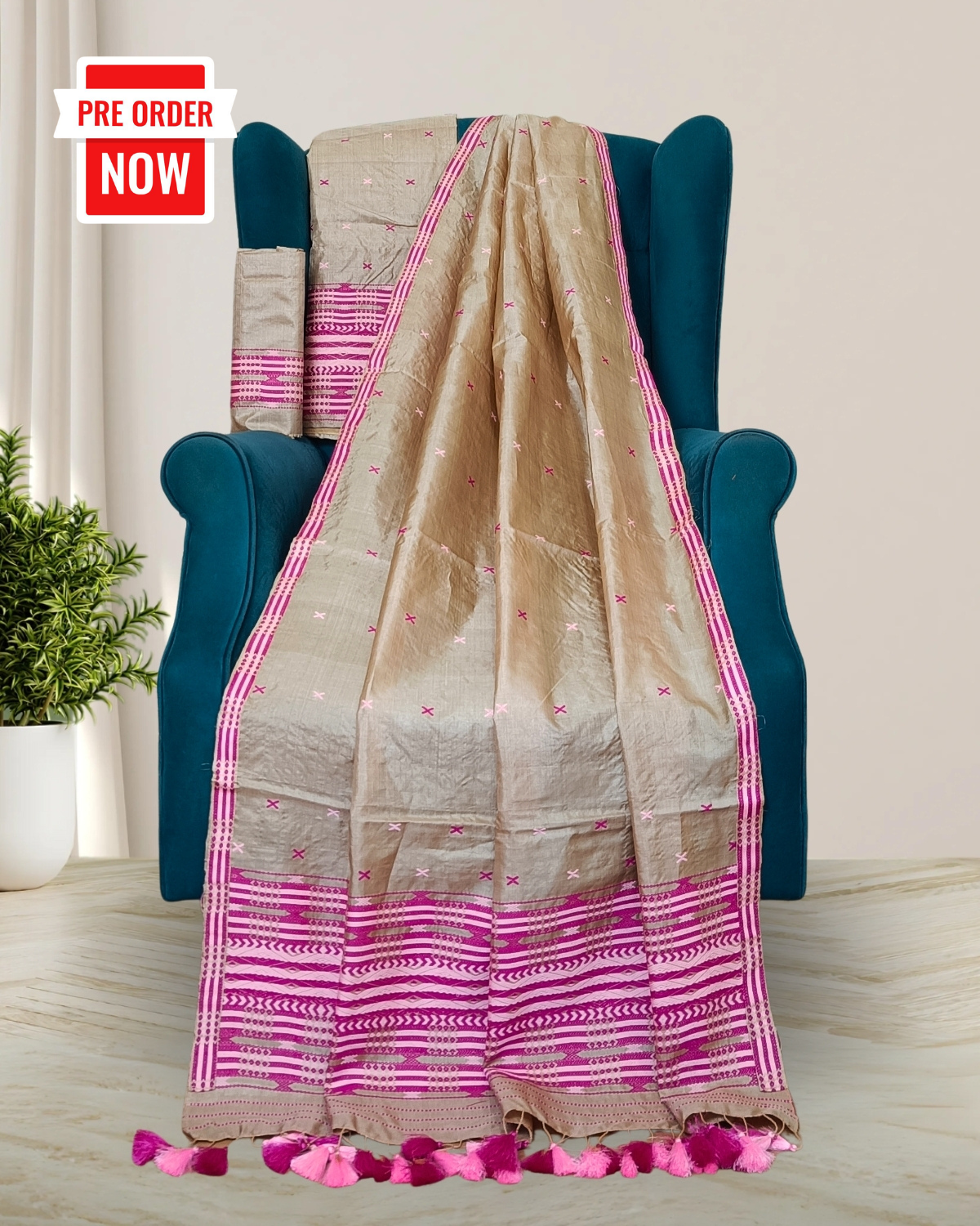 Tussar silk mekhela sador in tribal fusion design