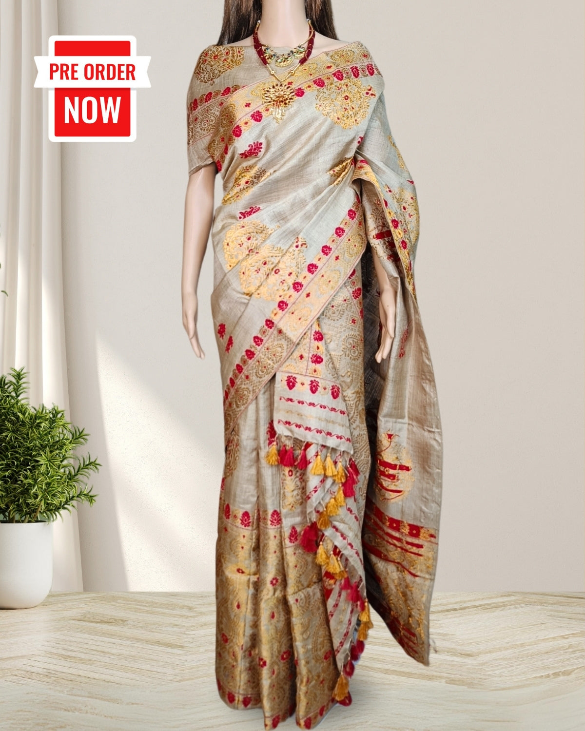 Pure muga silk mekhela sador with golden guna work (Pre-order available)