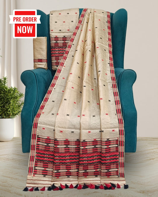 Tussar silk mekhela sador in Mising gero style motifs (Pre-order available)